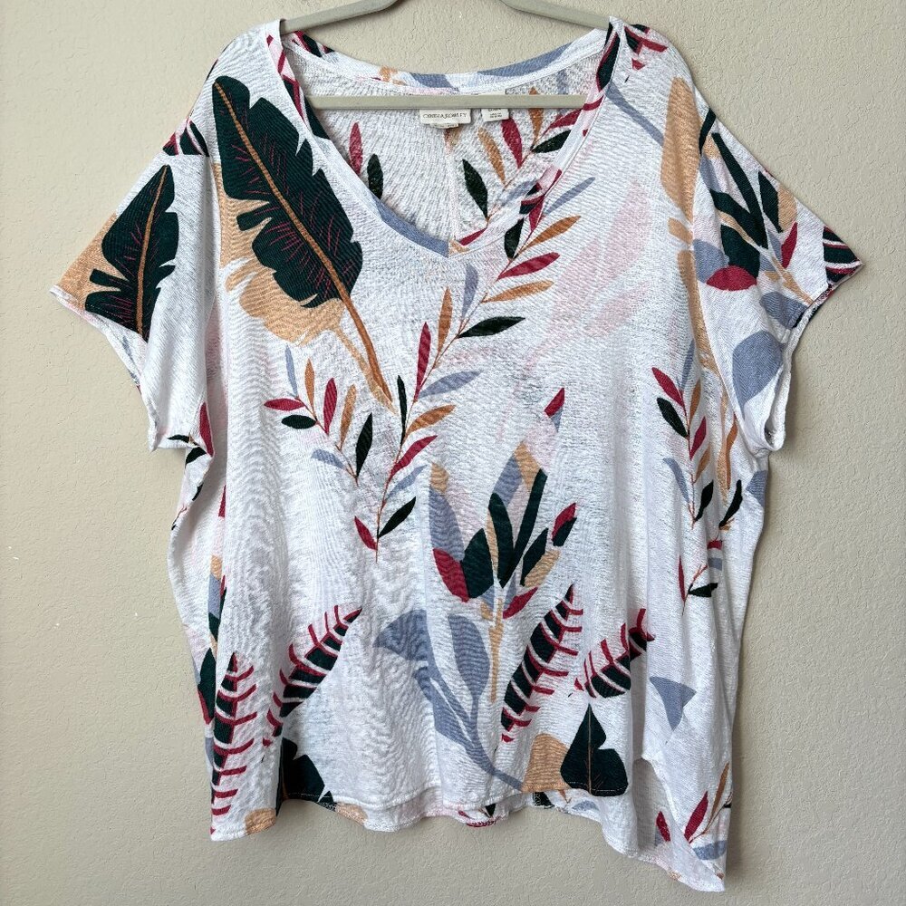 Cynthia Rowley 3X Linen Boho Tropical Leaf Print Breezy V-Neck Shirt